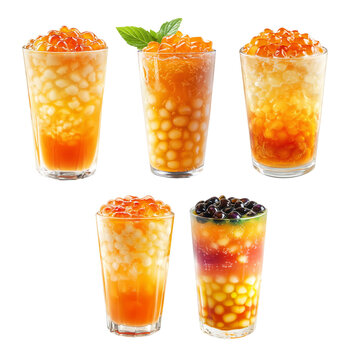 Orange bubble tea Filipino Sagot Gulaman filled with tapioca pearls and topped with mint, isolated on white background.