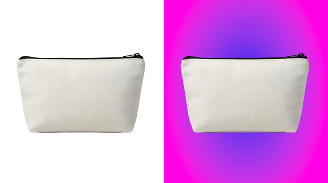 Plain white canvas cosmetic pouch with a black zipper, isolated on a white background, for beauty product, and accessory, storage display