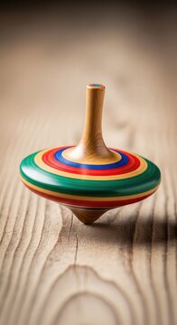 A handcrafted wooden spinning top whirls rapidly on a rustic timber surface, showcasing a blurred grain pattern and dynamic kinetic energy, nostalgic, fast, plaything
