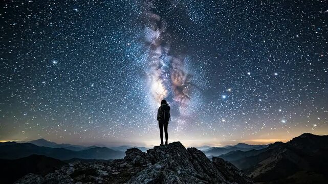 Hiker standing on mountain peak under milky way galaxy night sky, exploring wilderness and adventure concept