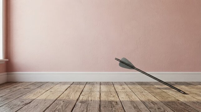 Stylish black arrow resting on wooden floor against a soft pink wall perfect for modern web design, marketing banners, or creative backdrops.