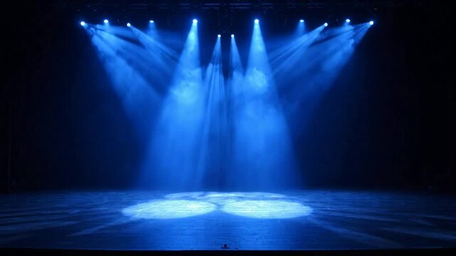 Empty stage with dramatic blue spotlight beams and haze for concert or theater performance background