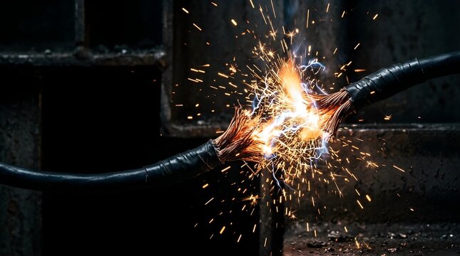 Electrical short circuit with bright sparks and exposed copper wiring