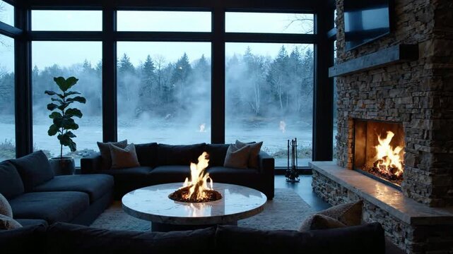 Luxury modern living room with cozy fireplace and scenic river view at twilight, relaxing winter atmosphere in contemporary home