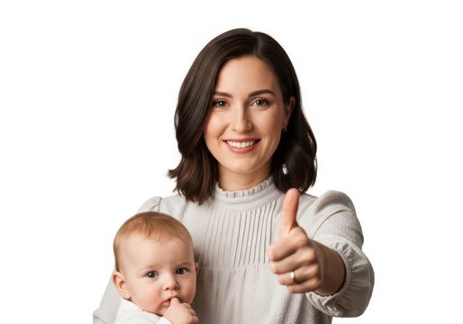Smiling woman giving thumbs up with newborn baby