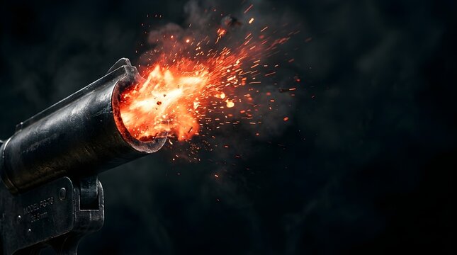 Flare gun firing bright sparks and fire against a dark background