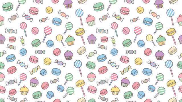 Seamless pattern of sweet candies and cupcakes