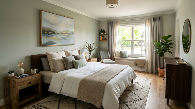 Modern bedroom with large bed and natural light.