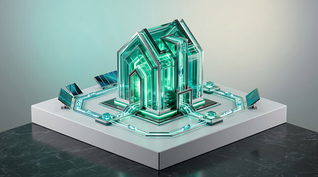 A miniature architectural model of a house made from translucent glowing teal crystal sitting on a square white platform base