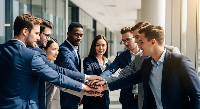 Corporate business professionals holding hands together in circle for teamwork