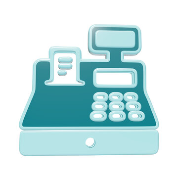3D rendered teal cash register icon with receipt and numeric keypad for retail and point of sale systems isolated on a transparent background