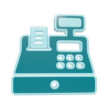 3D rendered teal cash register icon with receipt paper and buttons for retail and point of sale transactions isolated on a transparent background