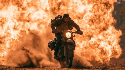 Fearless biker riding full speed away from massive fireball explosion in desert landscape cinematic shot © swillklitch