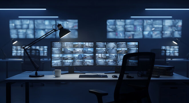 Dual Monitors Displaying Multiple Security Camera Feeds on Office Desk at Night