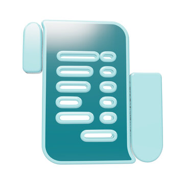 3D rendered teal financial document icon with rounded rectangular data rows and side tabs isolated on a transparent background