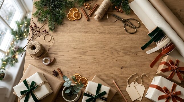 Overhead view of christmas gift wrapping station with paper ribbons pine branches christmas gifts craft paper dried oranges wooden table flat lay eco friendly scissors christmas decoration