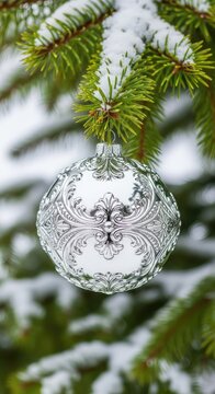 Elegante pallina di Natale in argento lucido con dettagliate decorazioni a rilievo, sospesa su un ramo di pino verde innevato e sfocato, branch, detail, seasonal