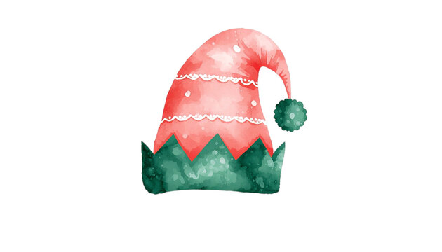 A festive watercolor illustration of a red and green christmas elf hat isolated on transparent background