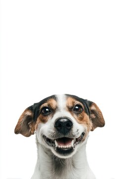 Cheerful dog smiling directly at camera with friendly expression on white background