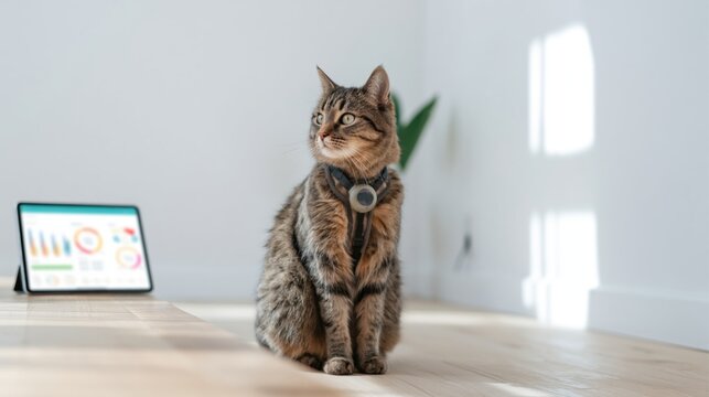 Curious tabby cat wearing smart pet tracker collar sitting on floor near digital tablet with health data in bright modern home interior