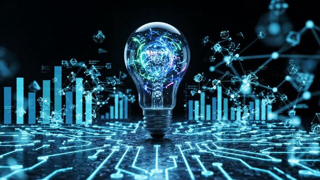 Glowing light bulb with digital data charts and circuit board network, innovation and artificial intelligence technology concept