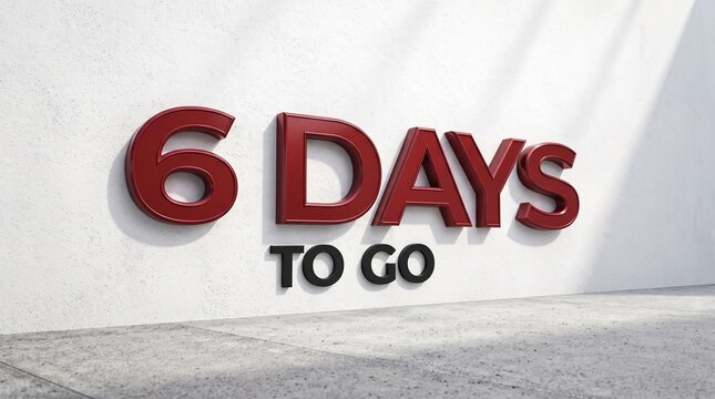Bold red three dimensional letters displaying six days to go text mounted on white wall for marketing promotional countdown events