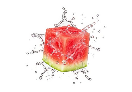 Watermelon slice with splashing water droplets around