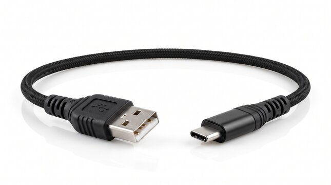 Black braided charging cable featuring standard usb type a and modern usb type c connectors isolated against white studio background