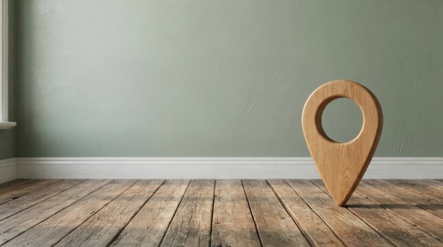 Stylish wooden map pin on rustic wooden floor against green wall ideal for modern interior design inspiration marketing materials or creative backdrop.