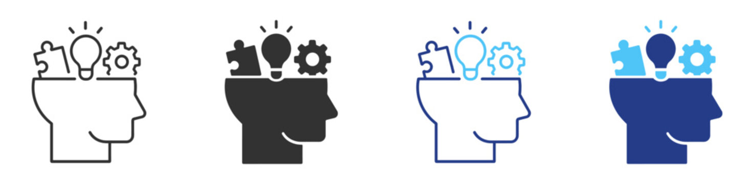 Creative thinking icons, human head with lightbulb, puzzle and gear, innovation concept in outline and filled styles on transparent background
