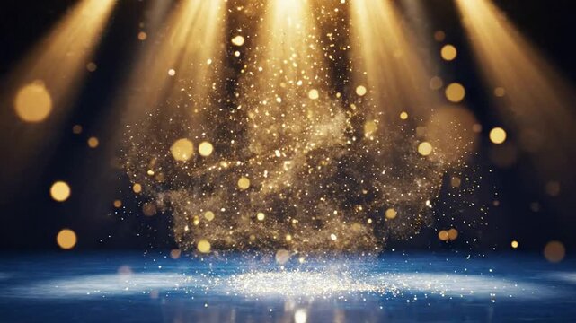 Golden glitter particles swirling in magical spotlight beam abstract background, for luxury events, and celebrations