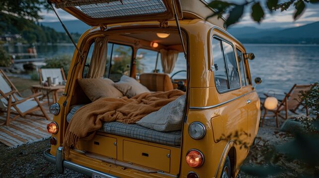 Cozy compact kei car micro camper interior with open doors and scenic nature view for road trip lifestyle