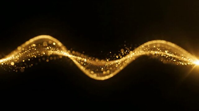 Golden glittering wave background, with glowing particles, and lens flare, motion
