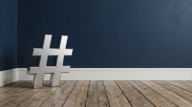 Elegant white hashtag symbol on wooden floor against dark blue wall perfect for modern branding social media marketing abstract backdrop.