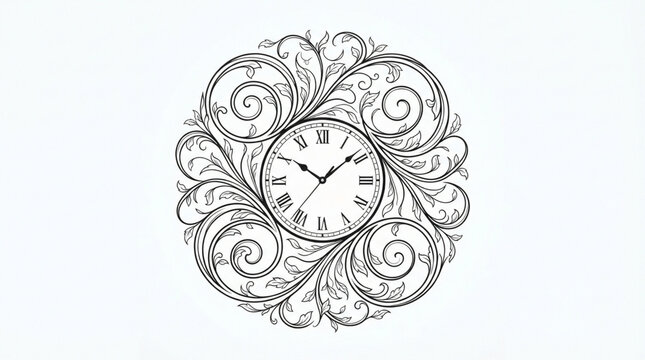 Circular vintage clock centered within an intricate baroque swirl pattern and botanical frame with ornate pattern antique design retro timepiece decorative