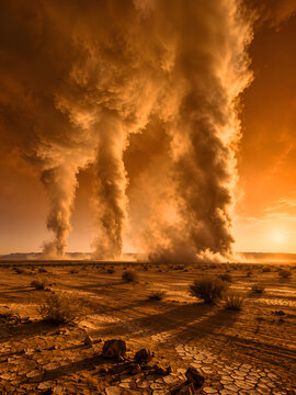 Multiple massive dust devils rising over an arid desert landscape, creating towering columns of swirling dust in dramatic sunset light.
