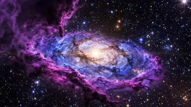 Vibrant spiral galaxy in deep space with glowing purple nebula clouds and sparkling star clusters universe