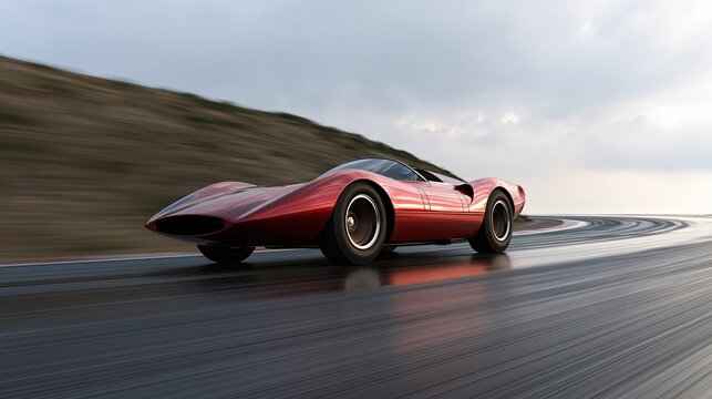 Red vintage roadster races through mountain bend with dramatic road and background motion blur