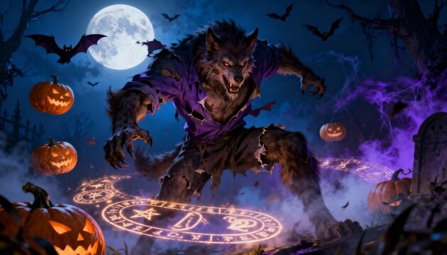 Werewolf surrounded by glowing magic circles on Halloween night