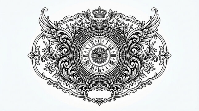 Black and white ornate vintage clock illustration with wings and decorative scrollwork roman numerals white background illustration scrollwork decorative