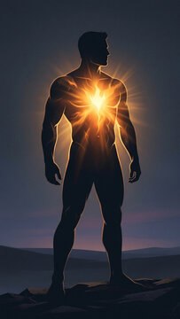 International Men&rsquo;s Day. Exemplary minimalism: a strong male silhouette with an inner glow, symbolizing inner strength, set against a mystical landscape