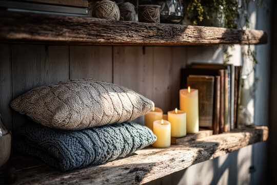 A rustic wooden shelf adorned with knitted pillows and blankets, accompanied by lit candles and books, suggesting a cozy and warm atmosphere.