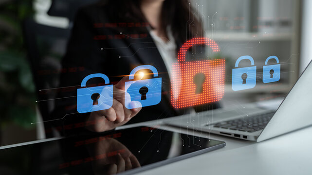 Digital security concept illustrating a cybersecurity breach, with a red unlocked padlock indicating data exposure among secure systems, emphasizing system vulnerability and risk Latch