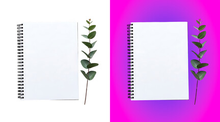 Spiral bound notebook with blank white pages next to a green eucalyptus branch, isolated on a white background, for stationery display © SP Creative Lens