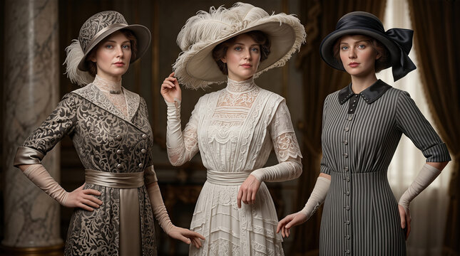 Edwardian women in period fashion featuring vintage hats and elegant dresses from the 1900s
