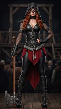 Fantasy executioner woman in black leather armor and hood holding a battle axe