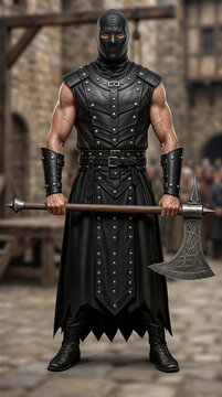 Medieval Executioner in Black Leather Armor Holding a Battle Axe