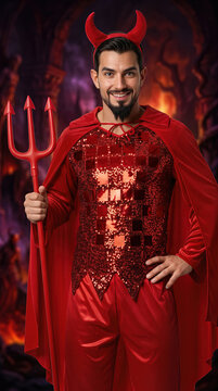 Man dressed in a red devil costume holding a trident for Halloween