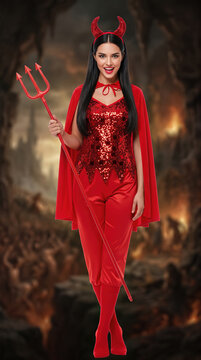 Woman in devil costume with red horns holding pitchfork in hell
