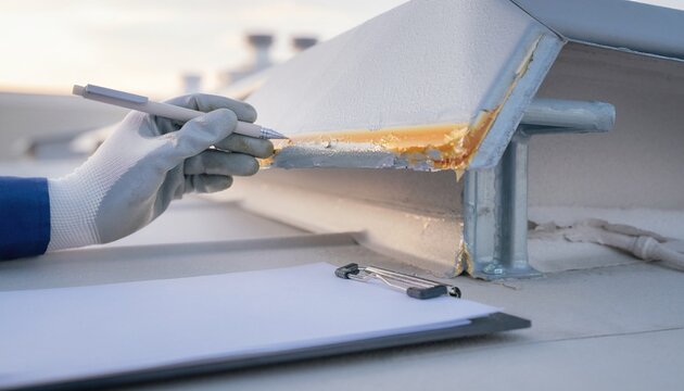 Professional worker inspecting a roof structure with a clipboard and pen for maintenance assessment.